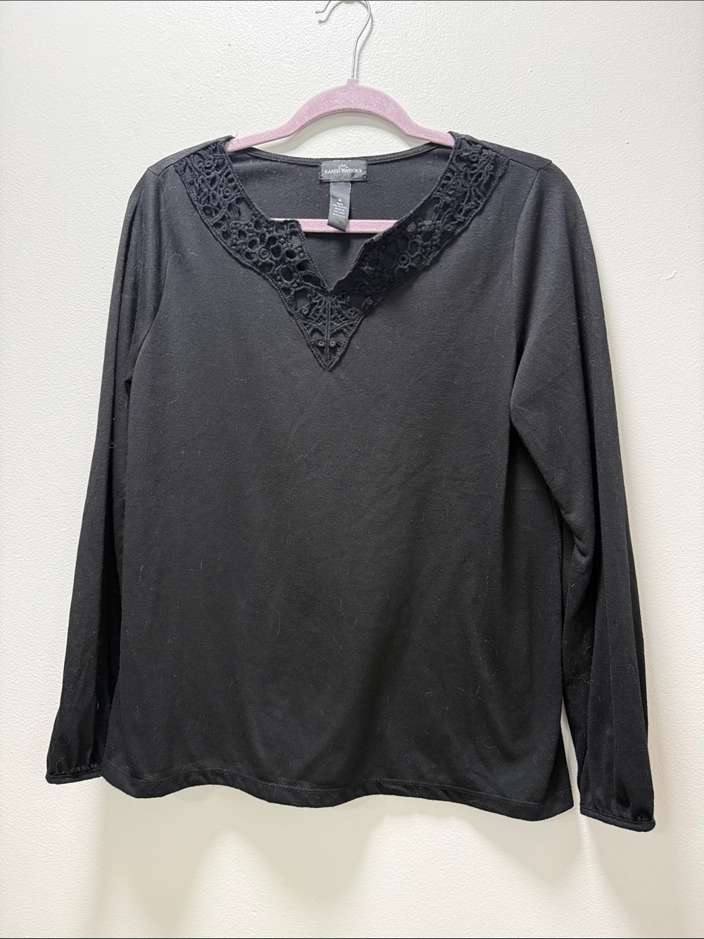 Black Office Blouse / Karen Scott Black Long-Sleeve V-Neck Top with Lace Trim